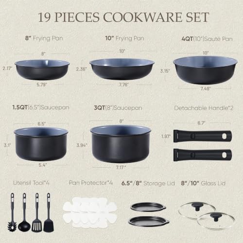 Ceramic Cookware Set with Detachable Handles - 19 Pieces, Non-Stick, Black/Gray