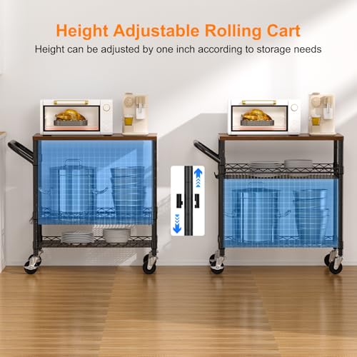 NTE 3-Tier Rolling Kitchen Cart with Wooden Top & Hooks - Black, 650Lbs Capacity