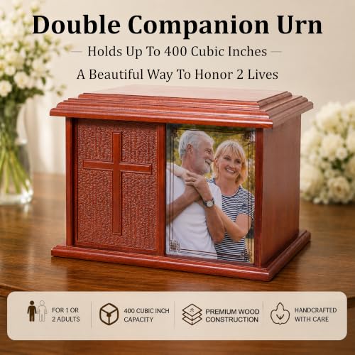 Double Companion Urn with Cross & Photo Frame - Holds Up to 400 Cubic Inches, Wooden Memorial for Husband & Wife - Variation: Cross
