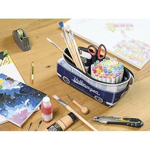 BRISA VW Collection - Volkswagen Neoprene Universal Makeup Cosmetics Toiletry Travel Pharmacy Bag in T1 Bus Design (Blue) (Small (9.1 x 4.3 x 3.1 inches))