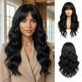 Black Body Wave Wig for Women - 26 Inch Long Synthetic Wig with Bangs - Natural Look - Variation: Black