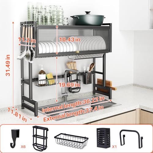 CUISIBOT 37.4in Over-Sink Dish Drying Rack with Lid, 3-Tier Stainless Steel Black
