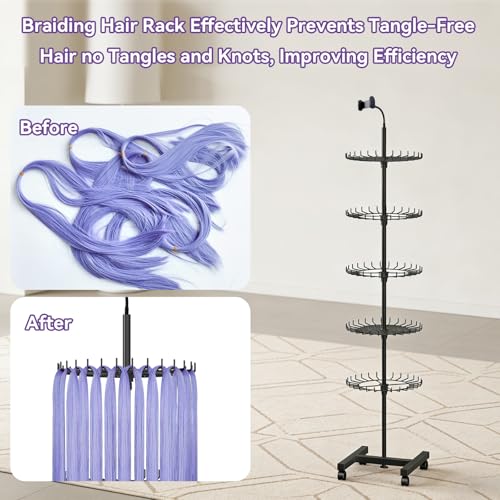 Braiding Hair Rack Standing, 140 Pegs Hair Extension Holder Stand on Wheels (61" Adjustable) with Phone Holder & 2 Mesh Trays, Metal H-Base Hair Stand for Salon, Home & Makeup Artists, Black