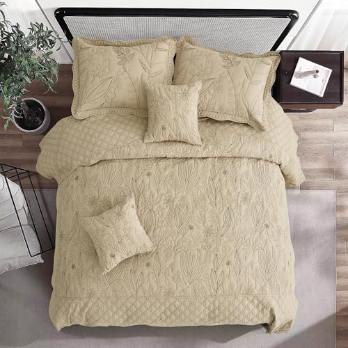 CHIXIN Queen Size Botanical Leaves Quilt Set with Reversible Coverlet & Shams, Lightweight Bedspread, Taupe, 5 Pieces