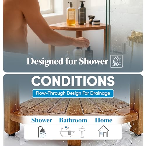 12-Inch Teak Corner Shower Shelf Stand with 3 Tiers - Waterproof Bathroom Organizer