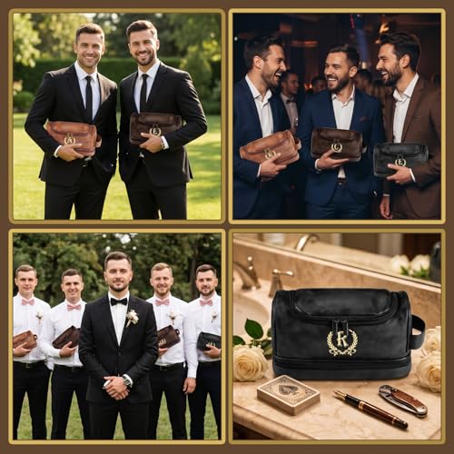 Personalized Leather Toiletry Bag for Men with Initial J - Travel & Gift Ready, Brown