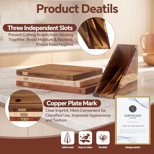Wood Book Cutting Board Set with Stand - Acacia, Rubber, Ebony Large/Medium - Kitchen Decor & Food Prep