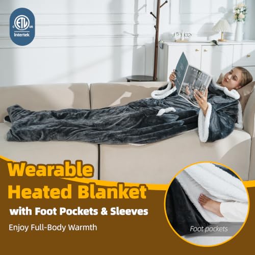 Wearable Heated Blanket with Foot Pocket, Fast Heating, 6 Heat Levels, 52x72 Inches