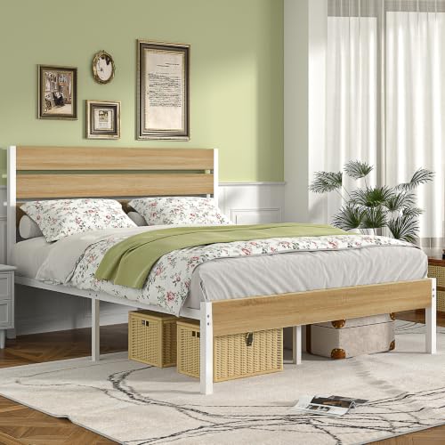 Full Size Metal Bed Frame with Wood Headboard - Natural & White, Heavy-Duty Platform
