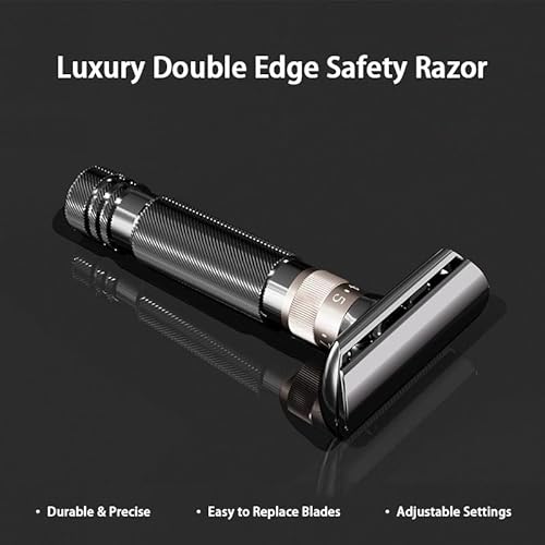 Luxurious and beautifully adjustable double-edged safety razor with 10 platinum-plated stainless steel razor blades, reusable razor kit, eco-friendly, smooth close shave (Glossy Black + Base)