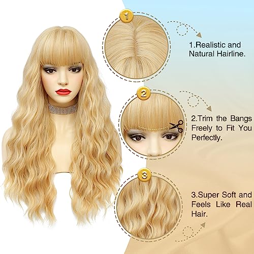 VERNA Blonde Curly Wavy Synthetic Wig 26 Inch with Bangs - Natural Look, Heat Resistant