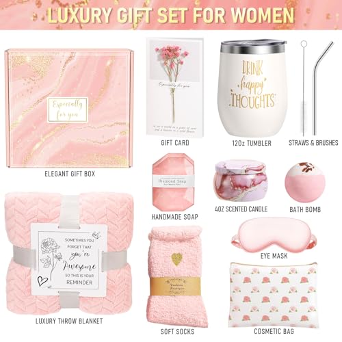 Rose Self Care Gift Basket for Women - Relaxing Spa Gifts for Birthday, Mom, Wife, Sister, Friend