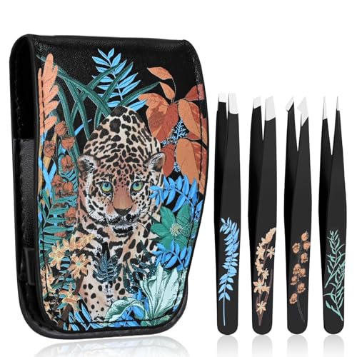 Personalized Tweezers Set for Women Facial Hair in Floral Travel Case, Small Self Care Thoughtful Easter Basket Stuffers Gifts for Her Friend, Eyebrow Ingrown Hair Splinter Removal Grooming Kit Tiger