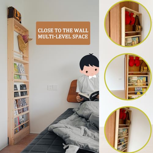 Morimoe Wooden Kids Wall-Mounted Bookshelf with 4 Hooks – Space-Saving Toy & Book Organizer