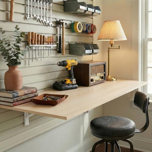 Wall Mounted Folding Kitchen Table Desk - Natural Wood, 47x20.5 Inches — Space Saving Fold Down Workbench for Small Spaces