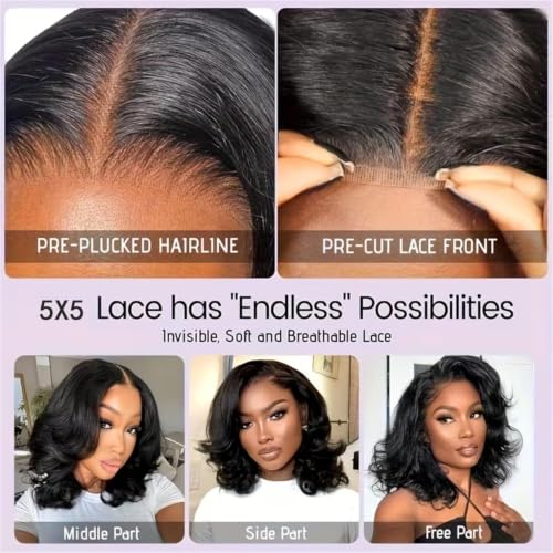 5x5 HD Lace Front Human Hair Wig for Black Women, Glueless Body Wave, 8 Inch