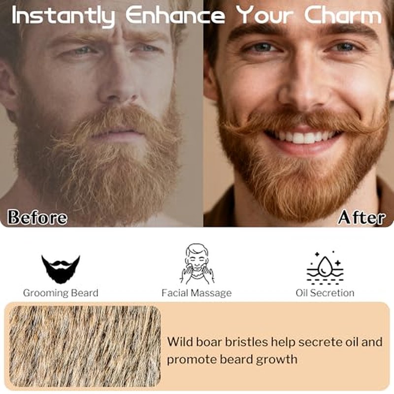 Boar Bristle Beard Brush for Men, 4.2-Inch Black Walnut Wood Handle Military Style, Men's Natural Wooden Boar Bristles Mustache Brush - Medium Hardness