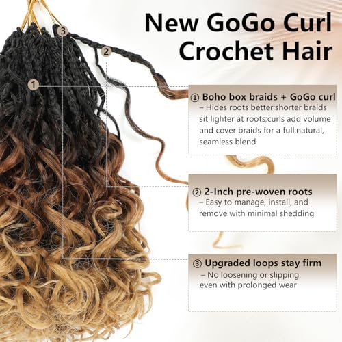 Pre-Looped Crochet Hair 14 Inch Boho Box Braids - #1B/30/27, 8 Pack