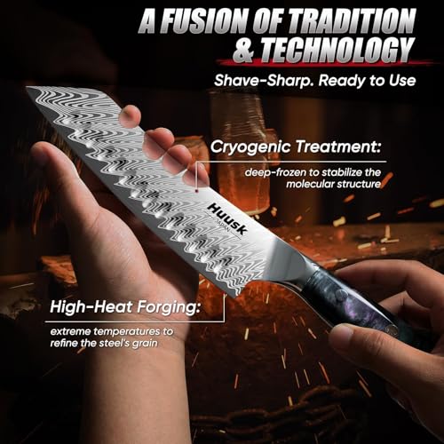 Huusk Japanese Knife Set 3 Pcs Blue - Chef, Santoku & Utility Knives with Sheath