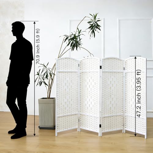 Furnnylane White 4-Panel Rattan Room Divider Short Screen, 47.2" H x 63" W, Foldable & Easy to Set Up
