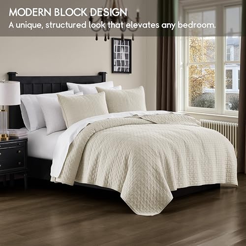 California King Cotton Quilt Set with Pillow Shams - Block Beige, Textured Oversized Bedspread