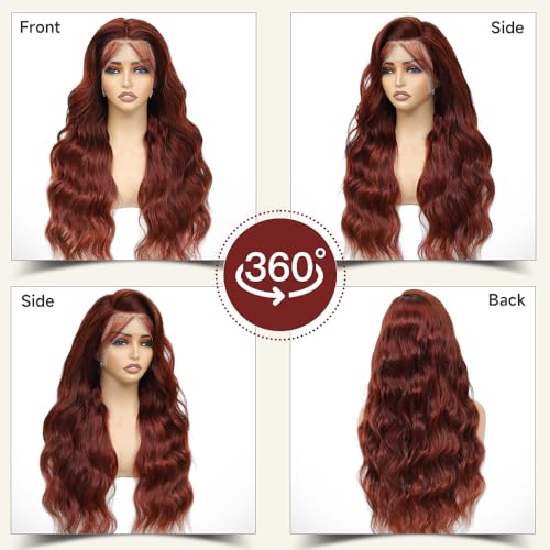 28 Inch Reddish Brown Lace Front Wig Human Hair 200% Density Body Wave HD Lace - Wigs-1