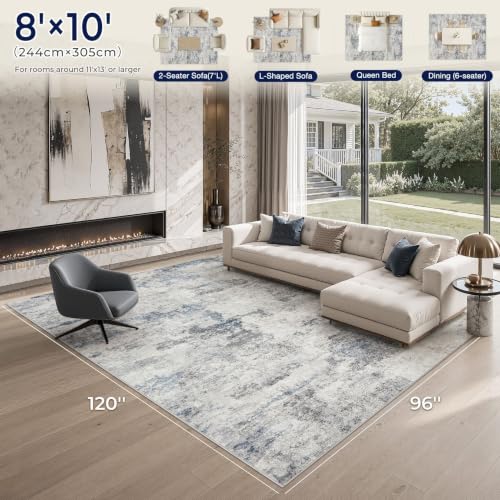 8x10 Washable Area Rug for Living Room - Abstract Indoor Carpet, Non-Slip, Grey Blue