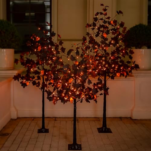 TYBEEU Halloween Decor Set 4ft, 5ft & 6ft Black Maple Trees with LED Lights, Ornaments & Spiders
