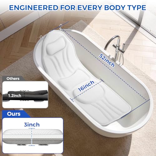 52" x 16" Full Body Bath Pillow for Bathtub, Luxury Bathtub Cushion with 192 Suction Cups and Soft 5D Mesh Fabric, Bath Tub Pillows for Head and Neck, Relaxing Tub Accessories for Women
