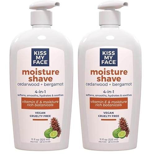 Kiss My Face Cedarwood + Bergamot Moisture Shave - 4 In 1 Shaving Cream - Cruelty Free and Vegan - With added Olive Oil and Aloe Leaf Extract - Vitamin E Rich - 11 fl oz Pump Bottle (Pack of 2)
