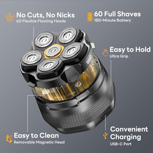 Electric Head Shaver for Bald Men Waterproof Wet Dry 6D Magnetic Steel Blades