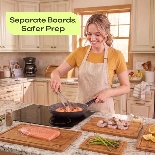 Brown 4-Piece Bamboo Cutting Board Set with Juice Grooves & Handles - Kitchen Prep & Serving