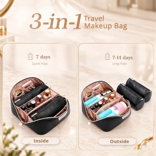 A01 Black 3-in-1 Large Travel Makeup Bag Organizer for Women - Detachable Pouches