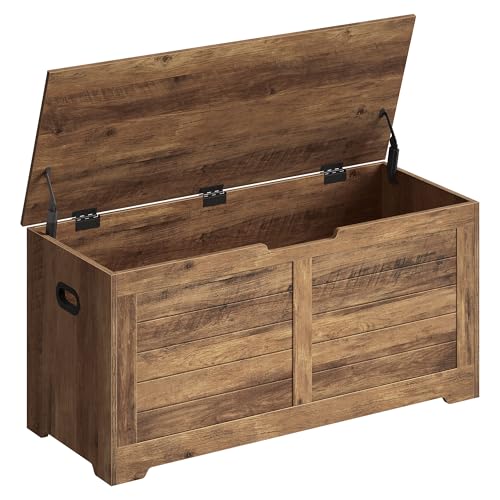 VASAGLE Storage Chest Bench - 39.4 Inch Wide Lidded Storage Ottoman with 2 Safety Hinges, Honey Brown