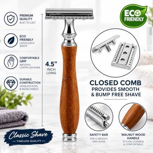 (4.5 Inch) Long Wood Handle Safety Razor for Men Women - Double Edge