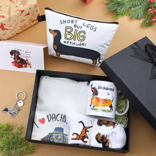 7 Pcs Dachshund Gift Sets for Women Include Weiner Dog Keychain Cosmetic Bag Socks Mug Tote Bag Cards with Gift Box for Christmas Dachshund Lovers Gifts