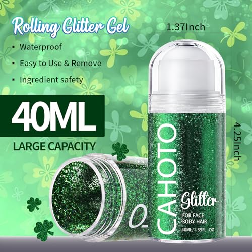 Green Rolling Glitter for Face Body & Hair, Roll-on Sequins for St. Patrick's Day, Sparkling Accessories for Christmas Concert Rave Festival Halloween Party Mardi Gras Carnival, 1.35fl.oz