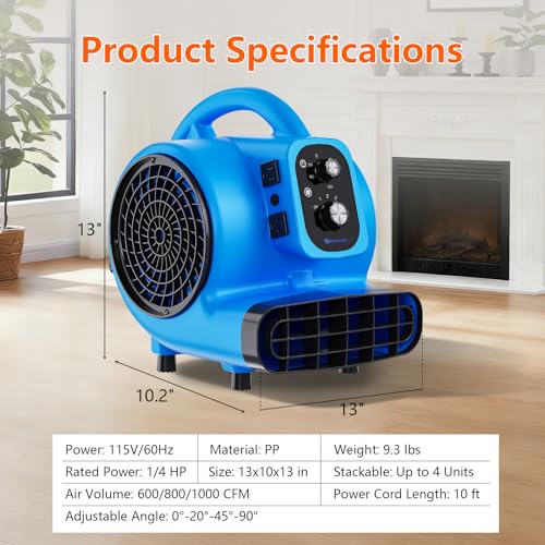 Zynovate Blue Portable Air Mover 1/4 HP 1000 CFM Floor & Carpet Dryer Fan