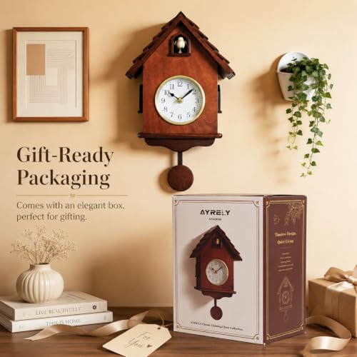 Modern Wall Cuckoo Clock with Wooden Pendulum and Night Silence - 14 Inch