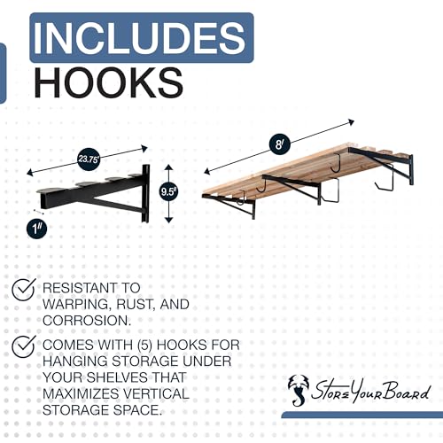 2' x 8' Heavy Duty Shelf Brackets Set of 3 – Supports 450 lbs, Includes Hooks