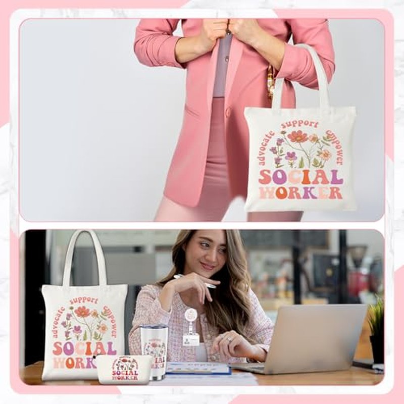 7 Pcs Social Worker Gifts Set for Women Include Canvas Bag Cosmetic Bag 20 oz Thermos Cup Keychain Badge Holder Notebook Pen for Volunteers School Social Worker Gift
