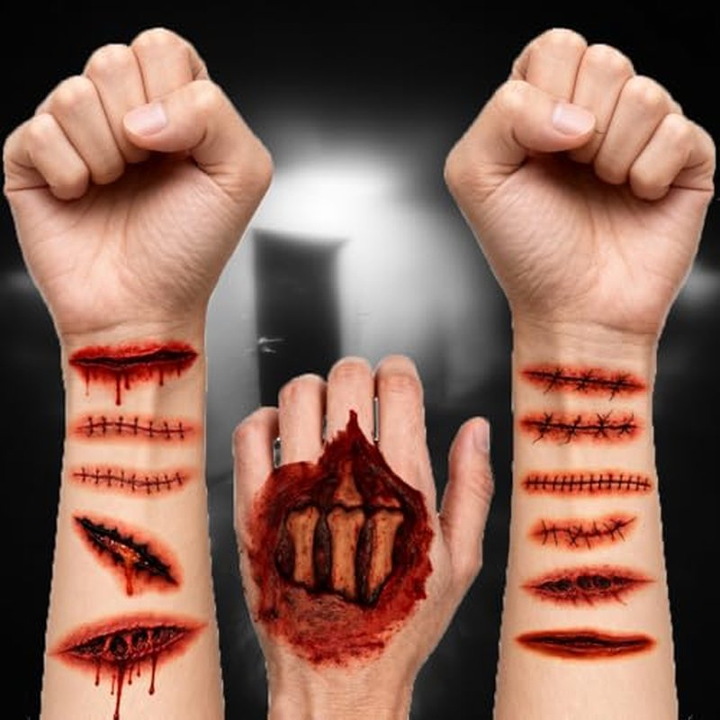 22 Sheets Halloween Face Scar Tattoos ? Zombie Makeup Wound Stickers, Fake Scars Cuts Stitches, Realistic Halloween Temporary Tattoos for Zombie Costume & Scary Makeup (A)