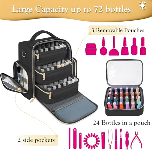 YOREPEK Black Nail Polish Organizer Holds 72 Bottles, Travel & Makeup Bag