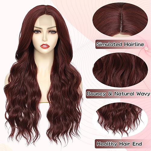 Wine Red Wavy Cosplay Wigs for Women 26 Inch Middle Part Synthetic Hair - NAYOO