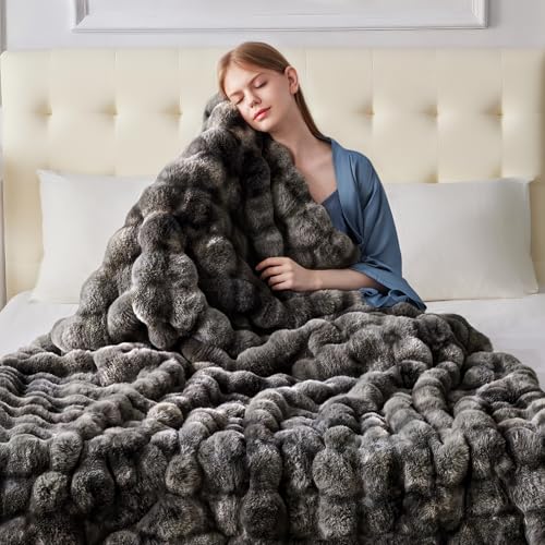 Anysay Faux Fur Throw Blanket - Grey Queen 80x90 Inches Fluffy Bubble Design