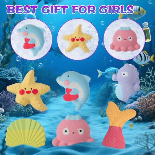 Giant Mermaid Bath Bombs for Kids - 6 Pack with Surprises, Vibrant Colors & Long-Lasting Bubbles - Sea Animals Variation