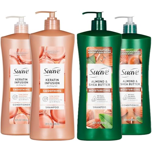 Suave Keratin & Almond Shea Butter Shampoo & Conditioner Set - Frizz Control, Moisturizing Hair Care Bundle, 28 Oz Each