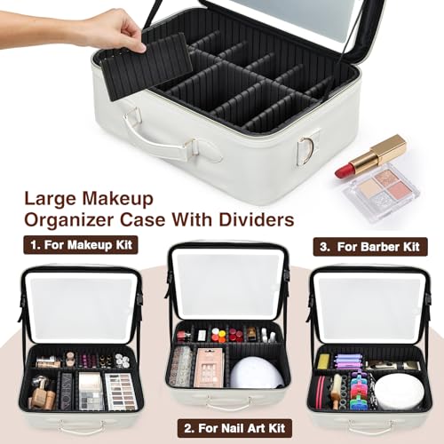 Cream Large Makeup Bag with LED Mirror - Travel Organizer for Artists