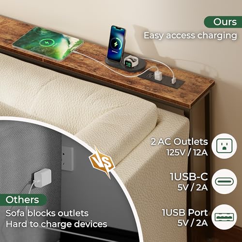 Narrow Behind Couch Table with Charging Stations - Rustic Brown, 94.5 Inch