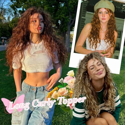 20 Inch Ash Brown to Blonde Ombre Curly Hair Topper - Clip-In Volume Extension